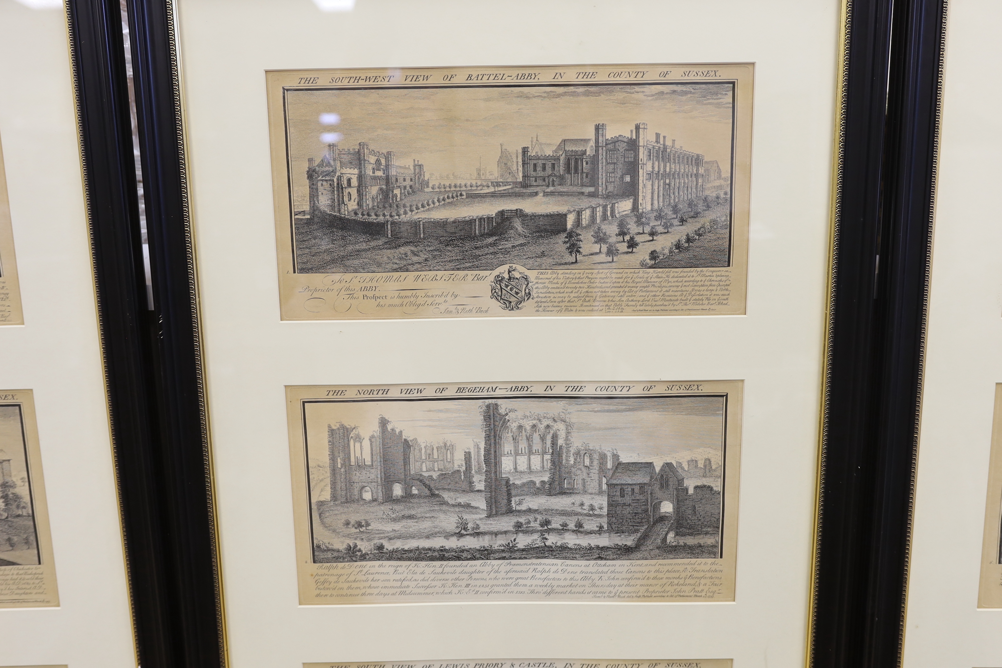 S & N. Buck. A set of twelve 18th century black and white engravings of Sussex Castles and Priories, including Pevensey Castle and Bodiam Castle, framed as three, 38 x 19cm